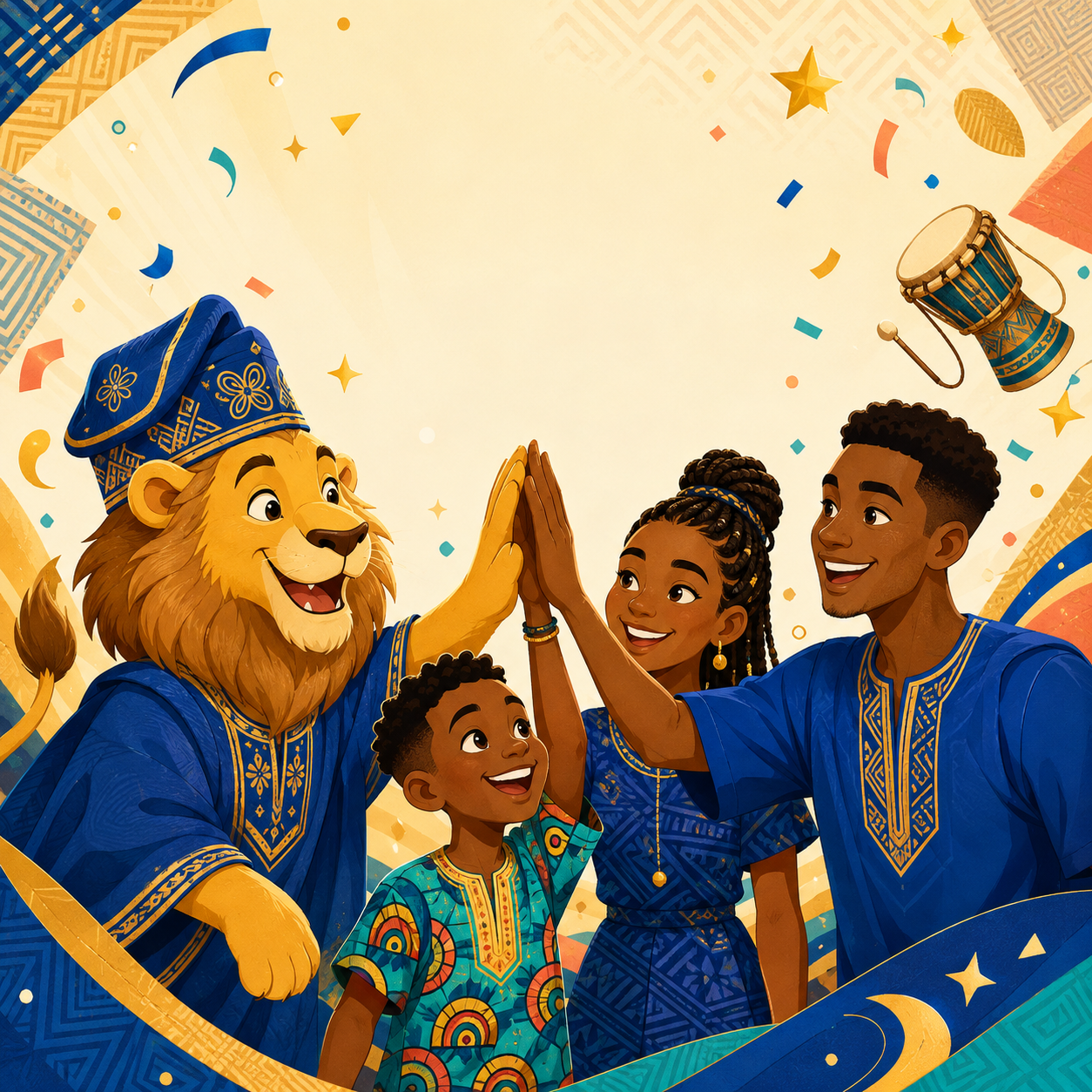 A Yoruba family and friendly lion mascot celebrating learning together in blue traditional clothing